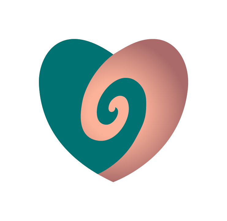 A stylized heart with a spiral at its center, featuring teal and pink colors blending in a modern design.