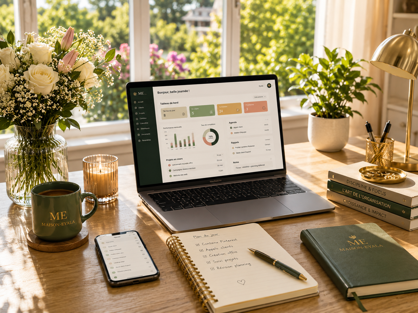 Bureau organisé avec un ordinateur portable, un smartphone, un carnet, un livre, une tasse, une bougie et des plantes, dans une pièce lumineuse avec vue sur un jardin