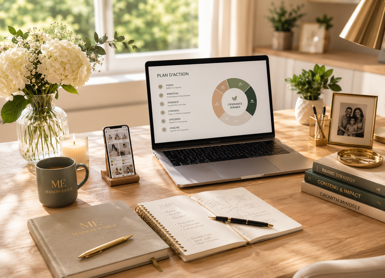 Bureau bien organisé avec une vase de fleurs blanches, une tasse, un carnet, une note écrite, un ordinateur portable affichant un plan d'action pour la croissance durable, un smartphone, une lampe, un cadre photo de famille, plusieurs livres sur la stratégie et le développement, une petite boîte avec des pinceaux, et un bougie, dans une pièce lumineuse avec vue sur la nature.