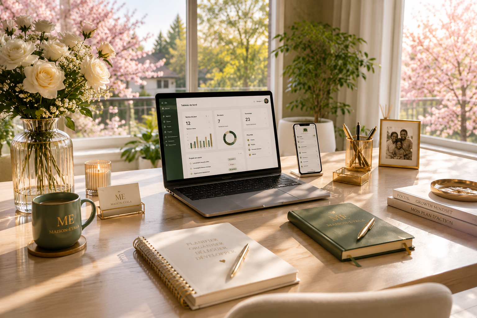 Un bureau bien organisé avec un ordinateur portable, un smartphone, des livres, une tasse, des fleurs dans un vase en verre, une photo de famille, une plante verte, et un fond de fenêtres avec vue sur des arbres en fleurs.
