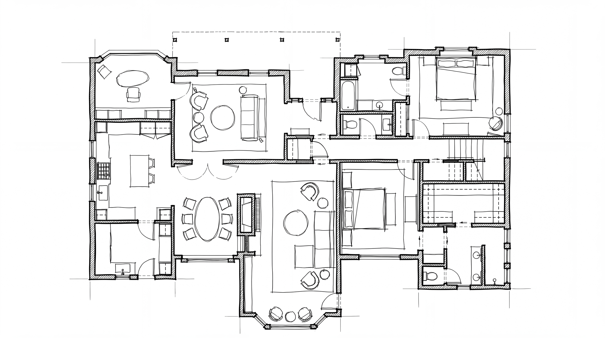 Floor plan of a house with various rooms including living room, dining area, bedrooms, bathrooms, and kitchen, all detailed with furniture and fixtures. Designed by Limen Architecture + Design.