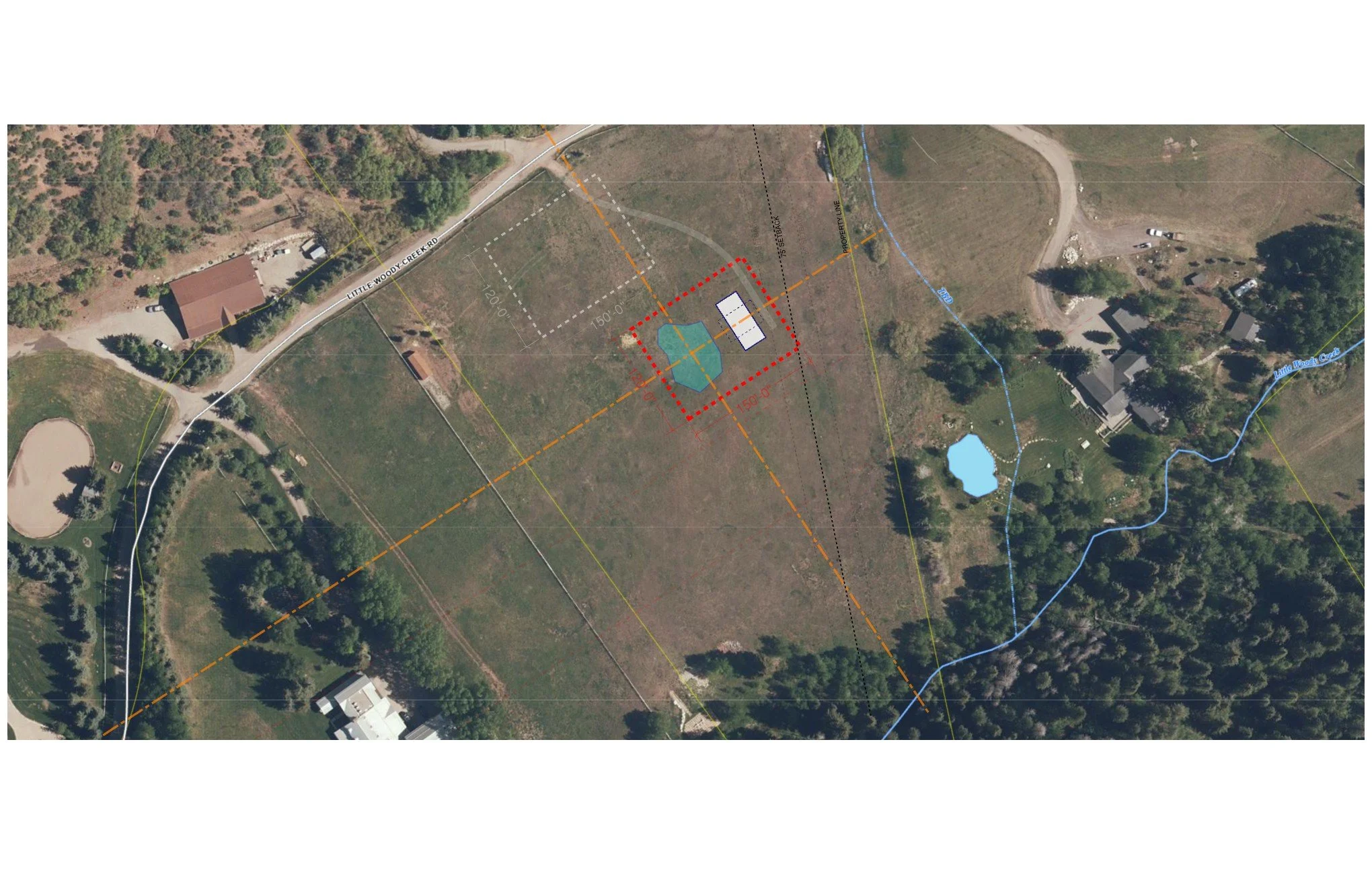 Aerial view of a rural area with outlined survey markers, a road, trees, a small pond, and some buildings. Designed by Limen Architecture + Design.