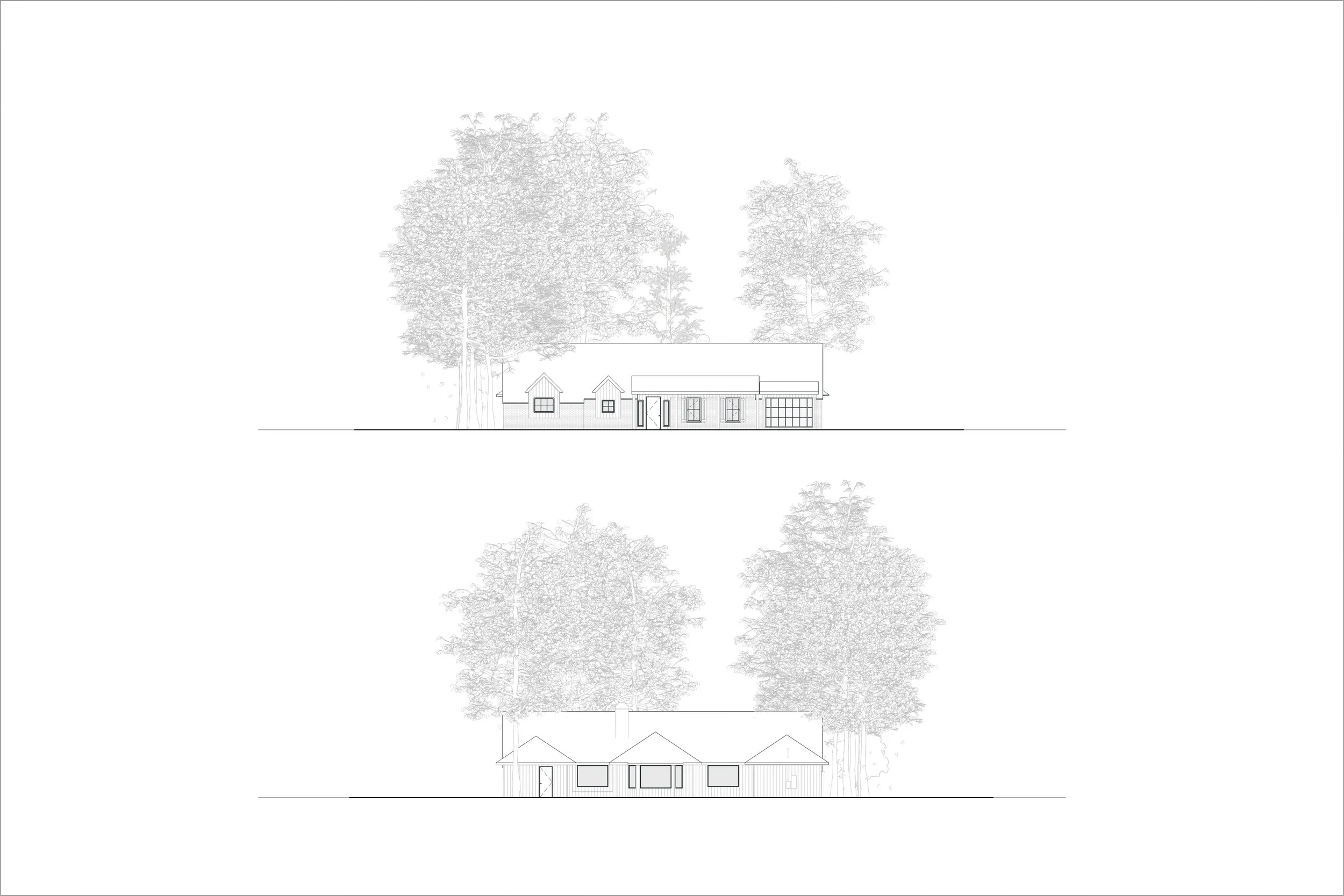 Architectural drawings of a single-story house with front porch, surrounded by trees. Designed by Limen Architecture + Design.