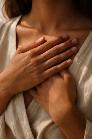 Hands resting over torso in calming neutral palette