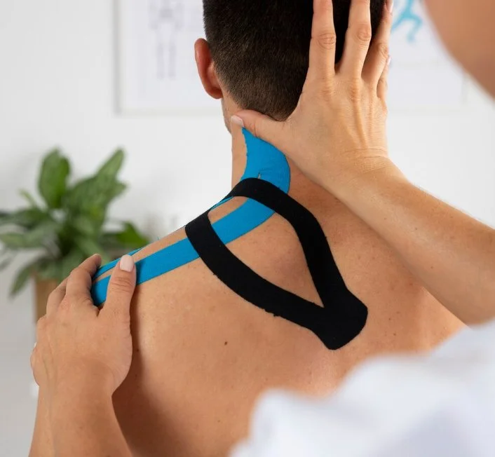 Physical therapist or healthcare professional applying kinesiology tape to a man's shoulder and neck area.