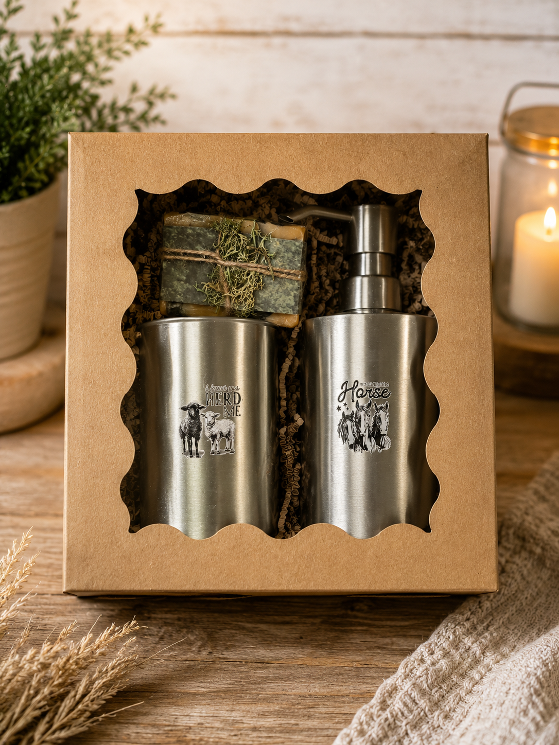 Farmhouse Kitchen Themed Gift Set - Bar Soap, Stainless Steel Soap Pump & Toothbrush Holder.