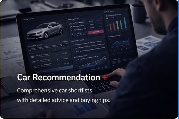 A person using a laptop displaying a dashboard with car recommendations, graphs, and car details, in a professional office setting.