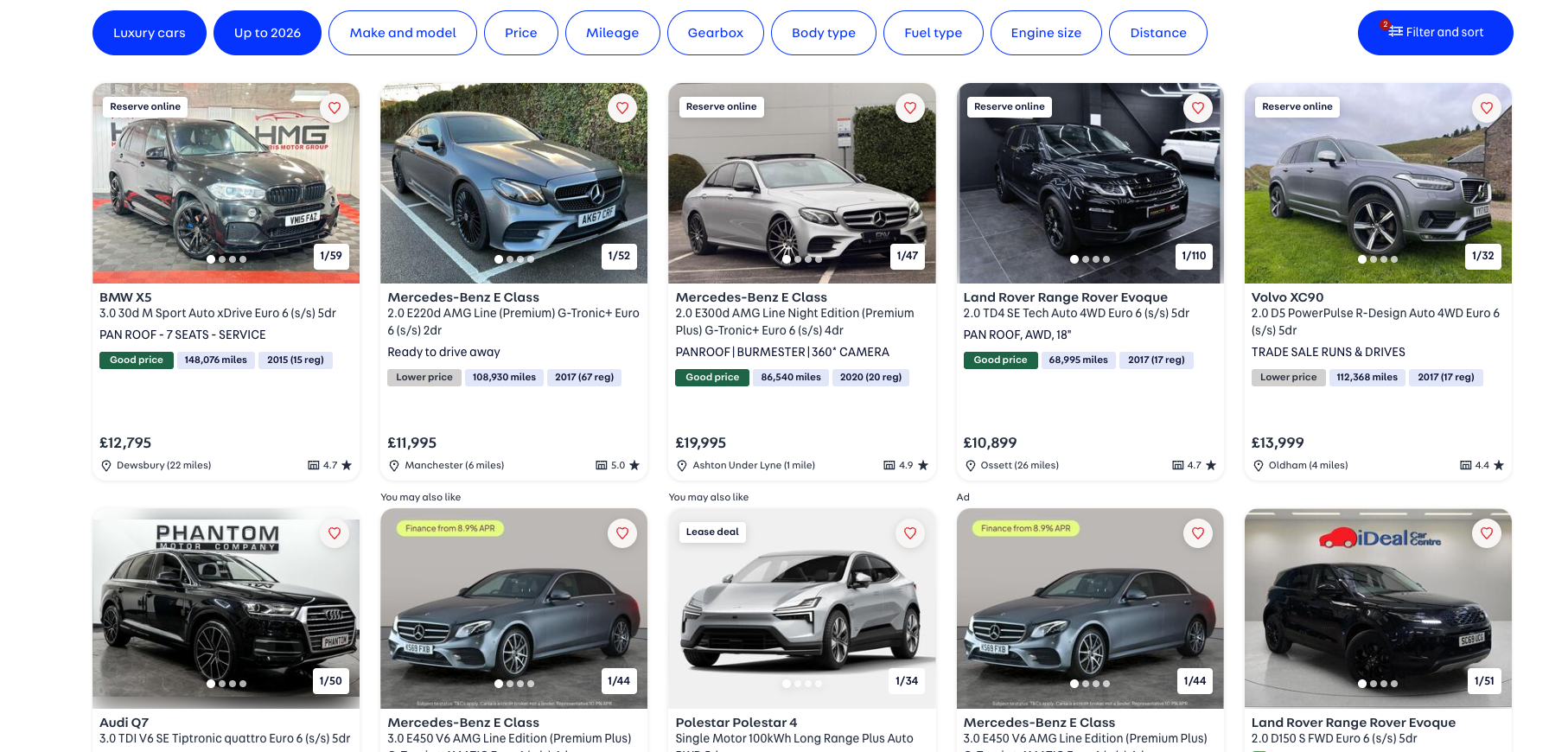 Screenshot of a website page showcasing various luxury cars for sale, including Mercedes-Benz, BMW, Land Rover, Volvo, Audi, and Polestar, with filters for model, price, mileage, and more.