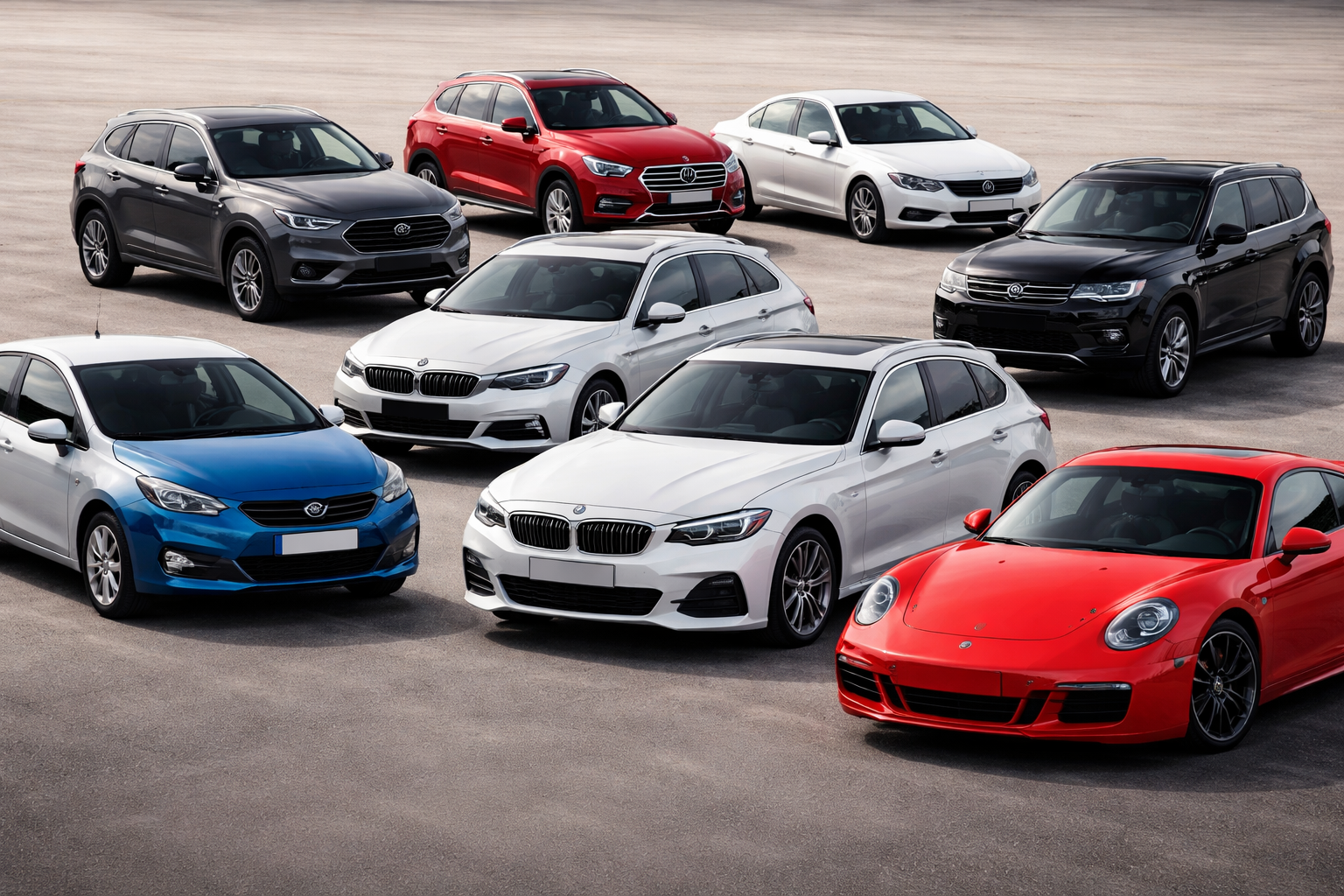A lineup of various cars in different colors including red, white, silver, gray, blue, and black, parked on a paved surface.