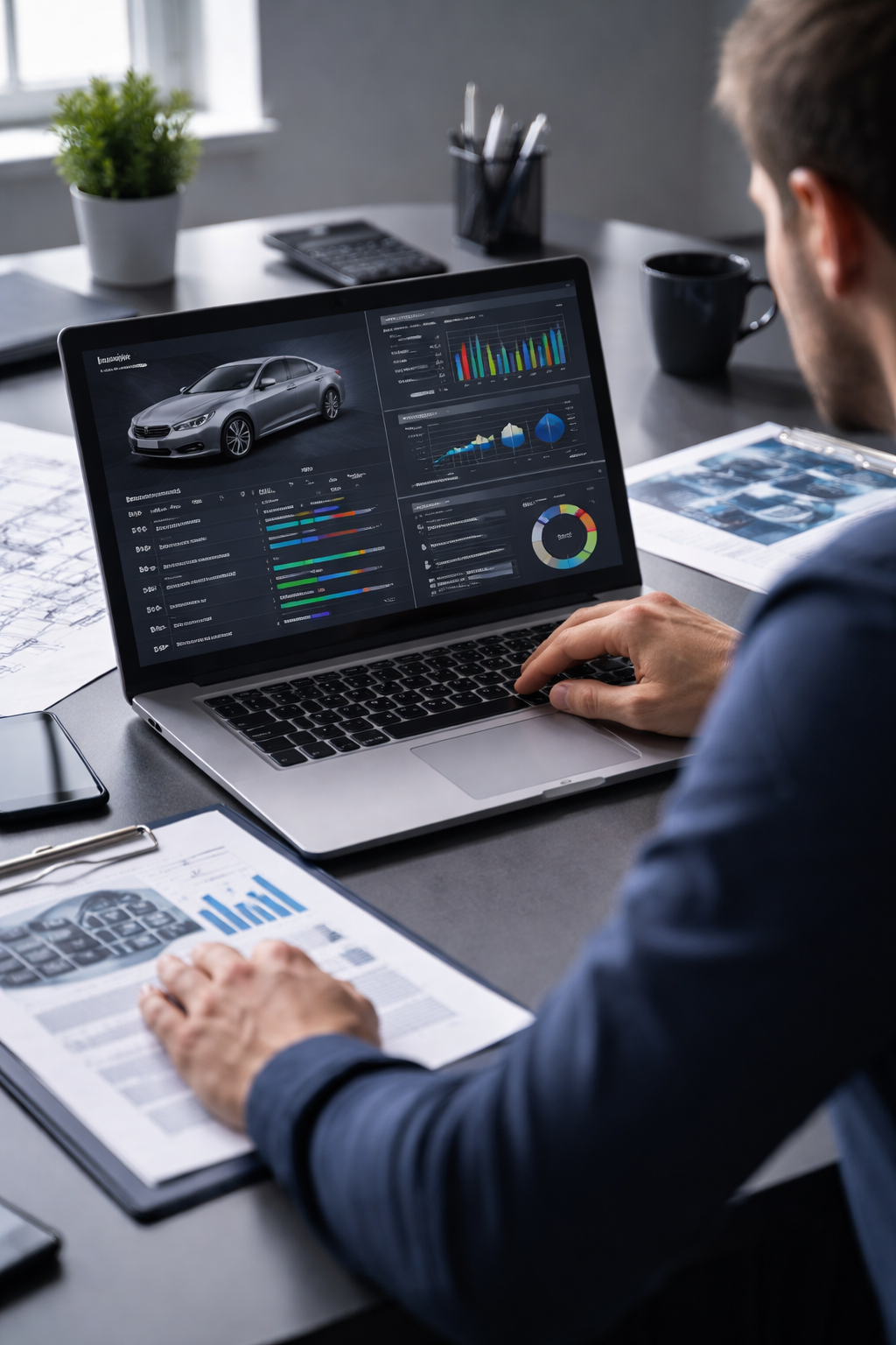 Person analyzing automotive data on a laptop with charts and graphs, with printed reports and office supplies on the desk.
