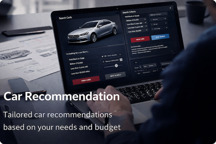 Laptop screen displaying a car search website with filters for car preferences and a silver sedan image, person using the laptop in a workspace.