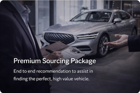 A person in a suit holding a clipboard and pen standing in front of a silver luxury sedan, with another person reaching out hand near the car, inside a modern showroom or dealership.