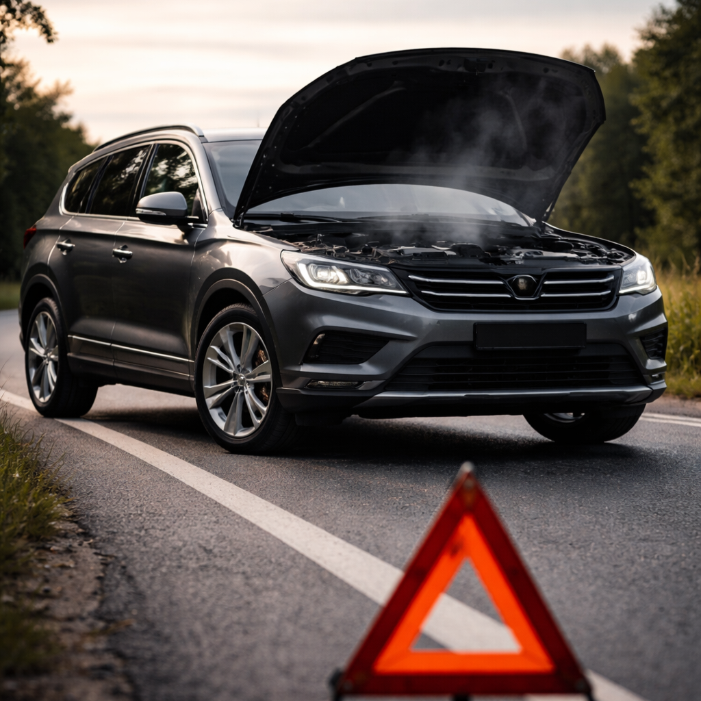 A silver SUV with its hood open and steam or smoke coming out, parked on the side of a road with a warning triangle in front of it