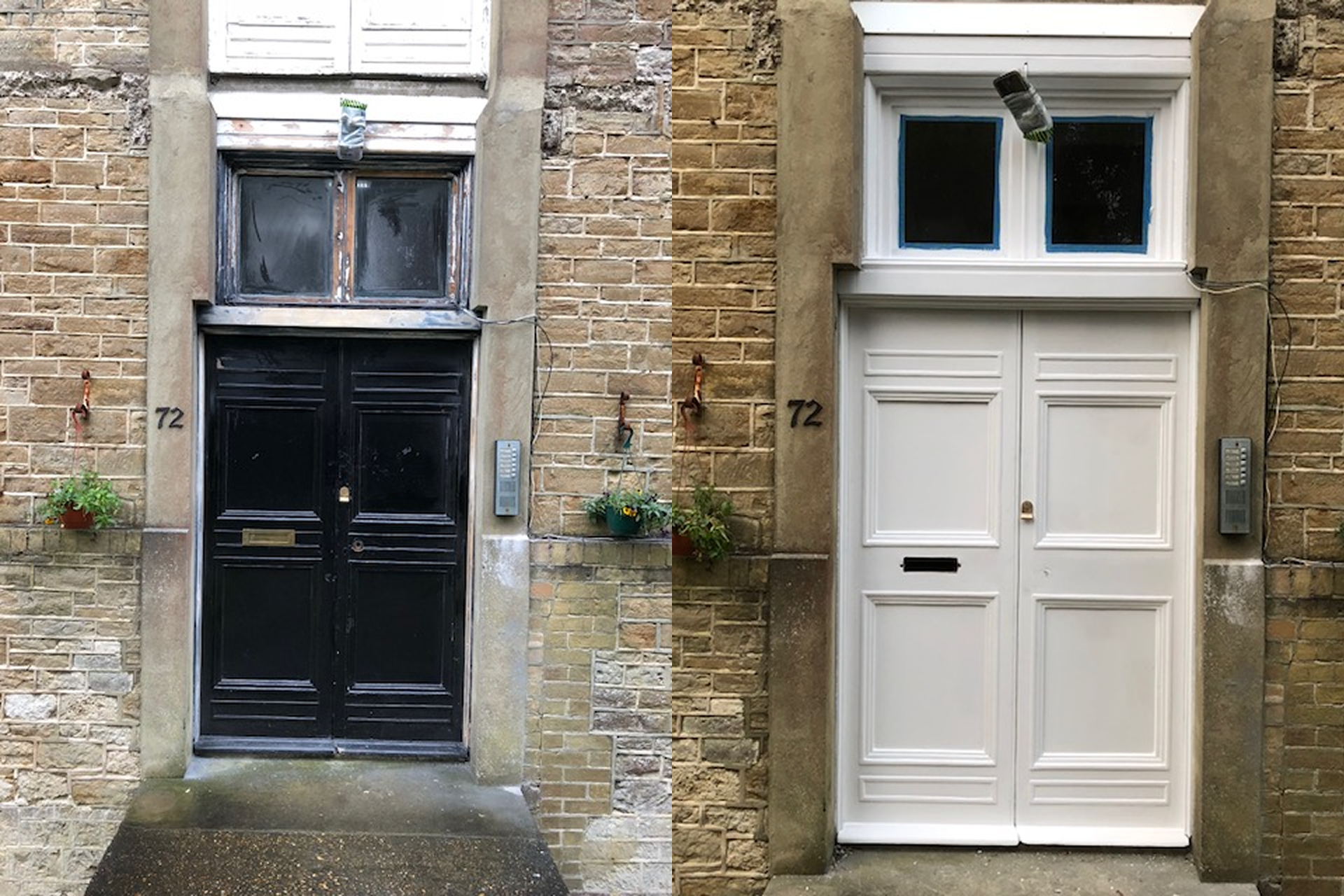 Side-by-side of two building entrances, one with black door and the other with white door, both with brick walls, house numbers 72, and intercom panels beside each door. The black door is above a concrete step, the white door is flush with the ground