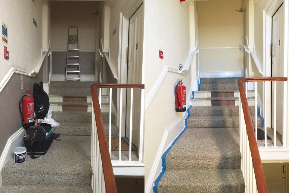 Comparison of staircase before and after cleaning or repair, showing a messy and disorganized area on the left and a clean, freshly repaired staircase on the right.
