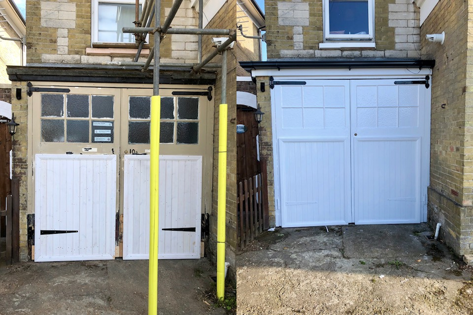 Comparison of two garage doors; the left garage door is an older, white wooden door with small, textured glass panes and a black handle, and the right door is a newer, white paneled garage door without windows, set against a brick building.