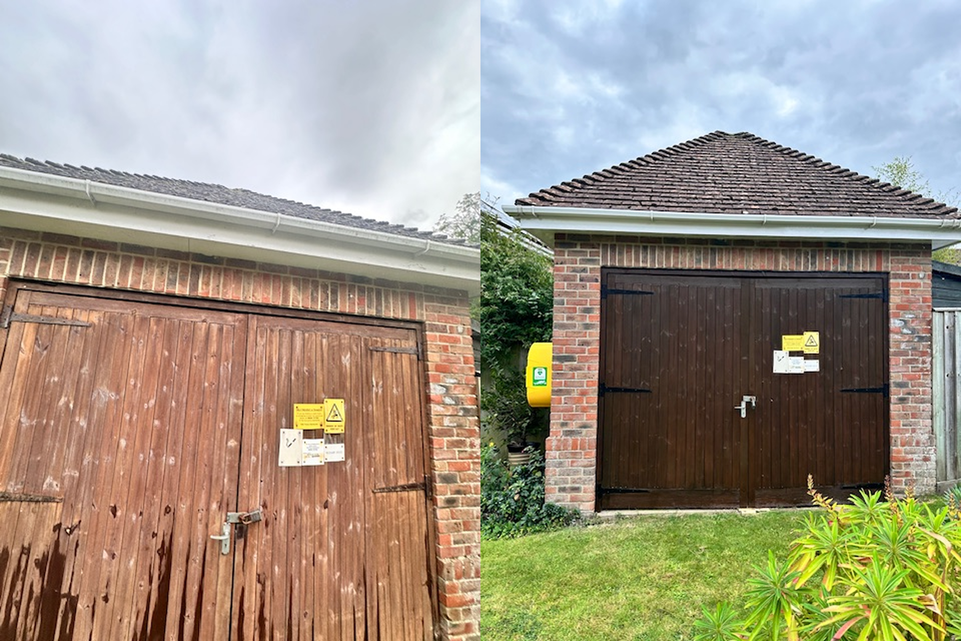 Comparison of two brick garages with wooden doors. The left garage has weathered, lighter wood with sliding latch, while the right garage has darker, newer wood with a padlock. Both garages have brick walls and tiled roofs, with cloudy skies above.