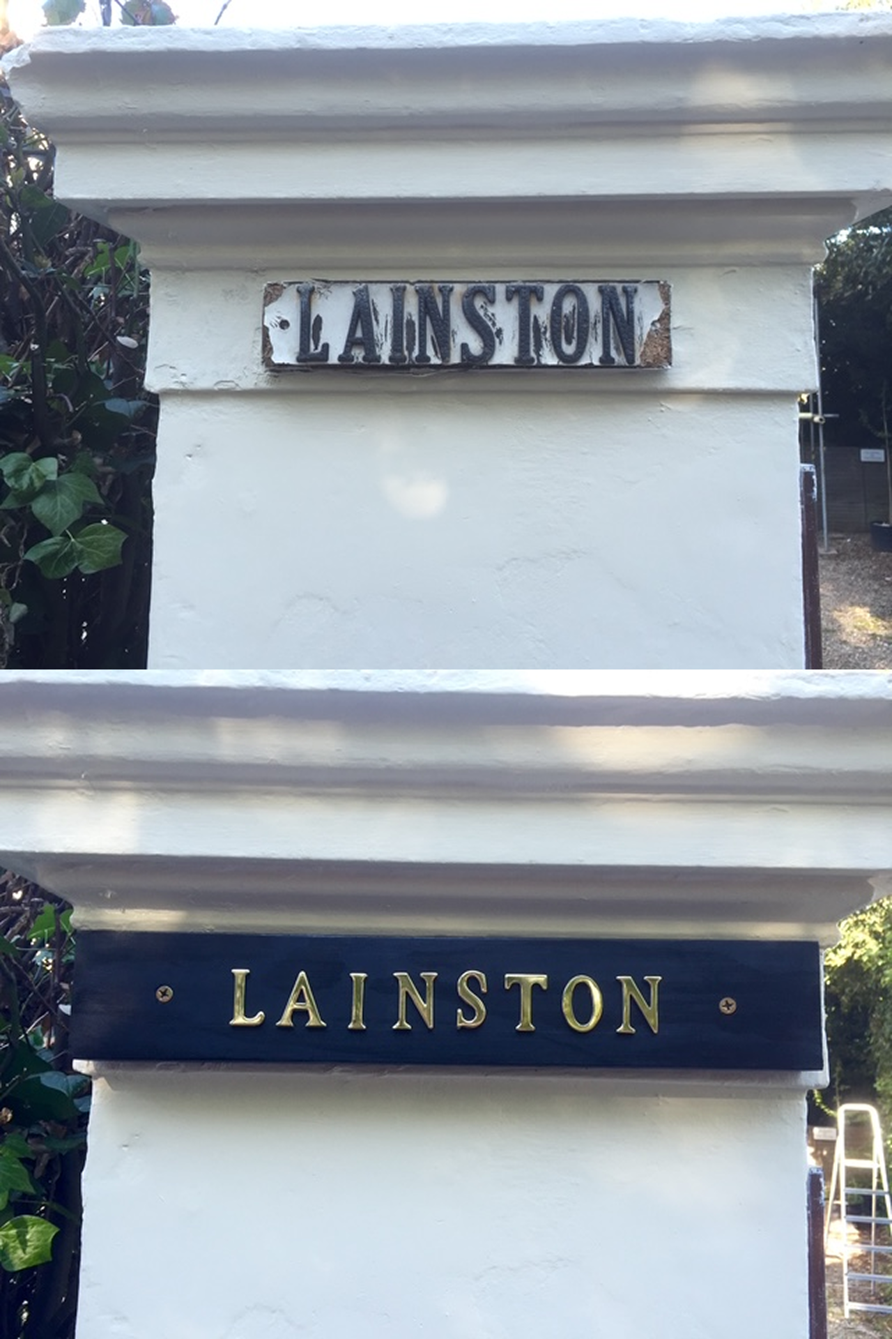 Two signs with the word 'Lainston' on a white wall, one old and weathered, the other modern with gold letters on a black background.