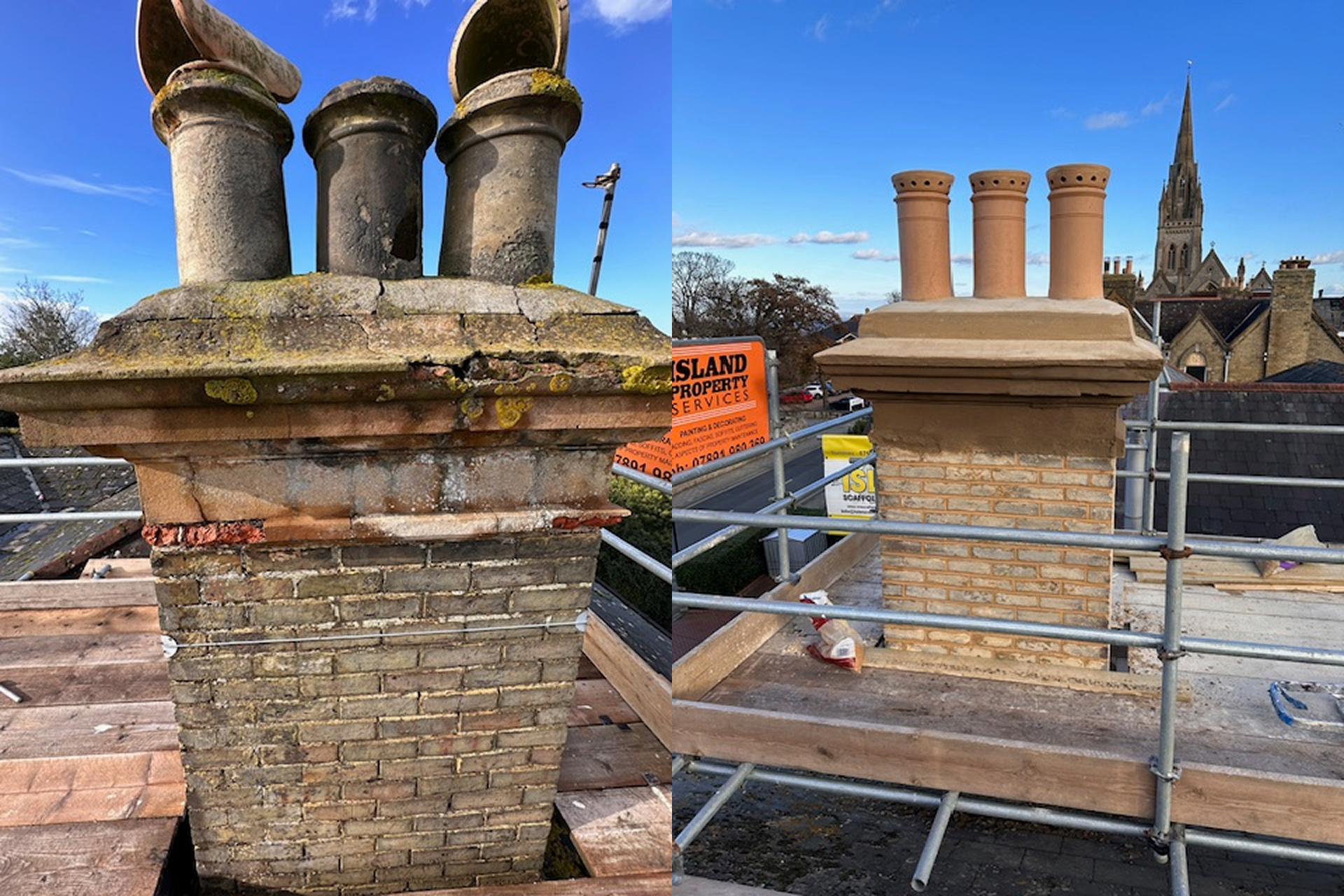 repointed chimney stack with scaffolding
