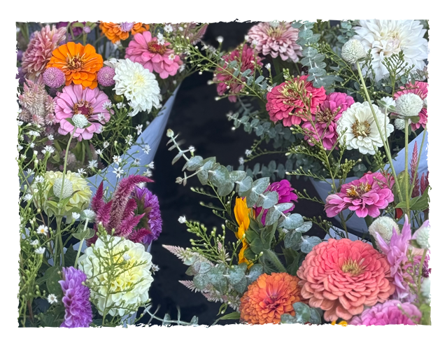 Colorful assortment of fresh flowers including roses, dahlias, and zinnias, with greenery and filler flowers.