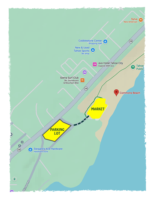 Map of Tahoe City showing parking lot and market near Commons Beach, with nearby landmarks including Sierra Surf Club, Cobblestone Center, and Tahoe Public.