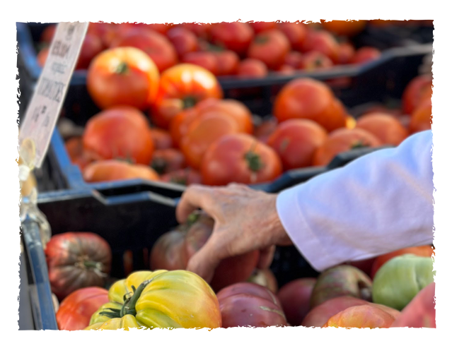 A person's hand selecting a large heirloom tomato from a display of various tomatoes at a grocery or farmers market.