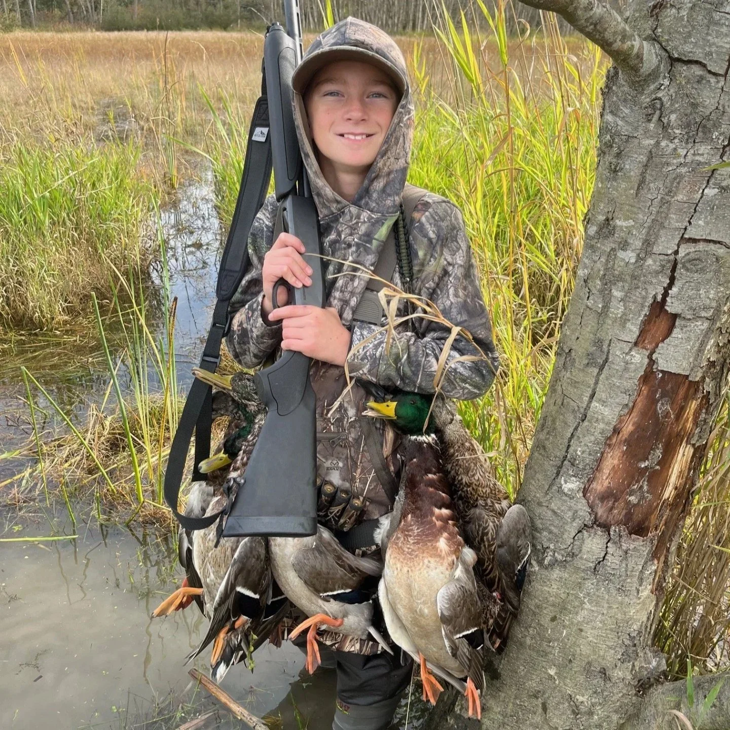 A happy kid on a successful duck hunt on the Skagit River.  This is your guide's son's first major hunt.  Offering guided duck hunting trips on the Skagit for 2026.