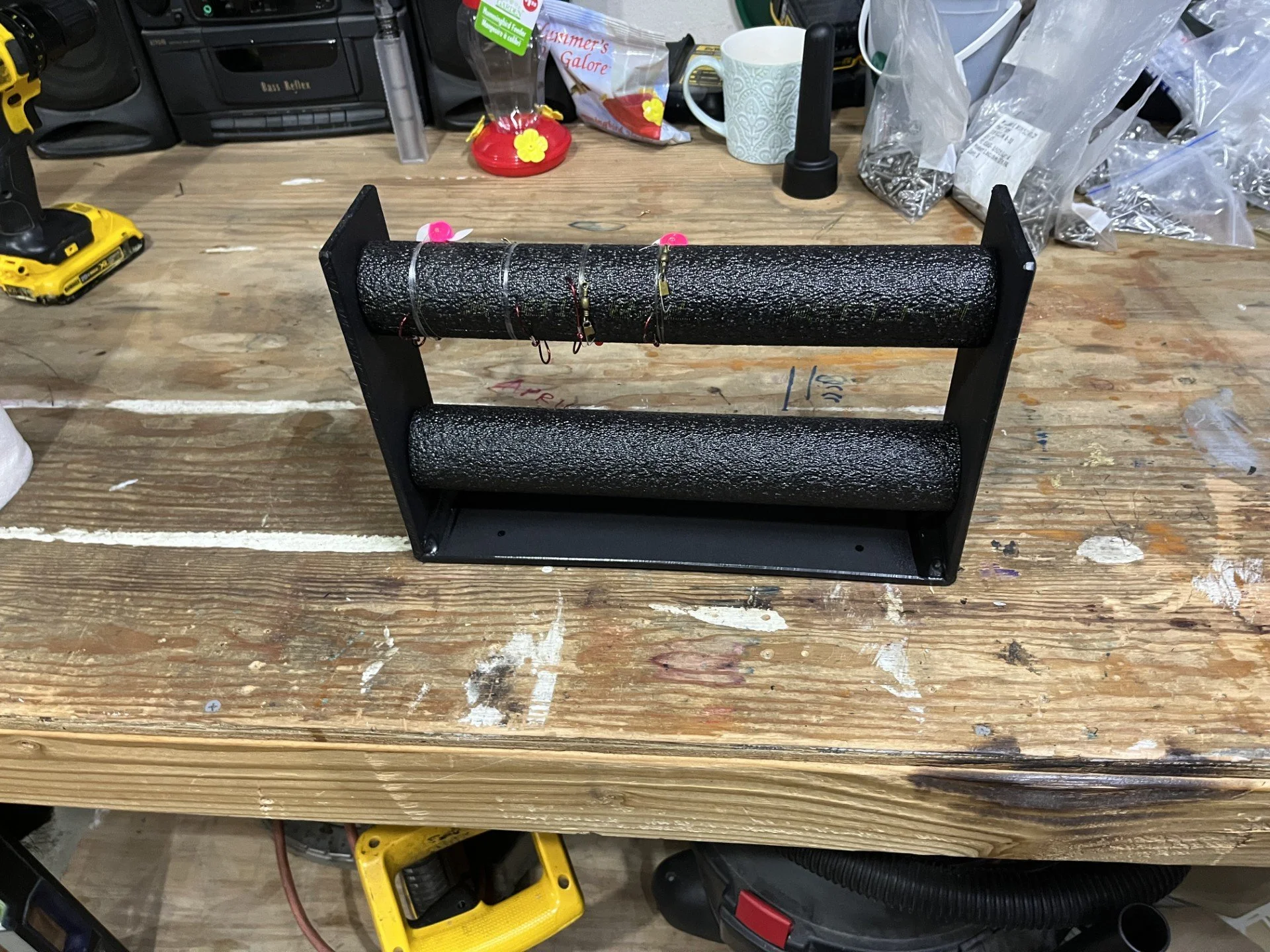A double-row "Leader Buddy" to be mounted in a boat.  Leaders can be spooled on and stored, then rapidly unspooled as needed.
