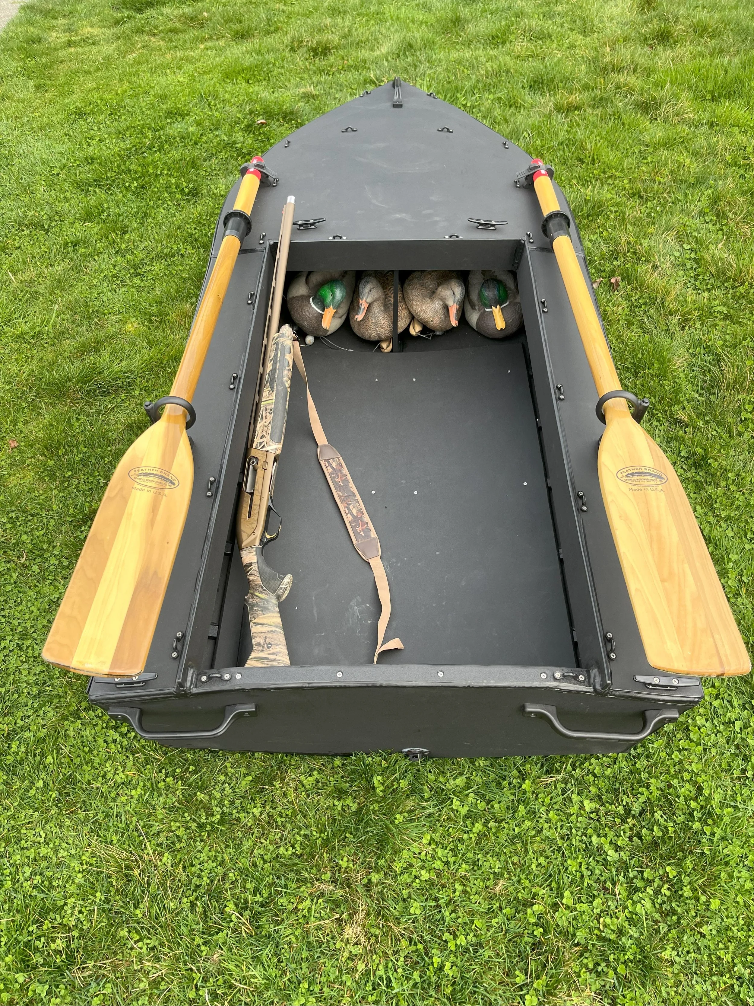 The welded HDPE layout boat with some gear to showcase its utility.