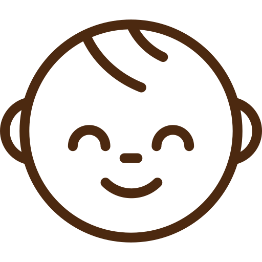 Simple line drawing of a smiling baby's face with short hair and round cheeks.