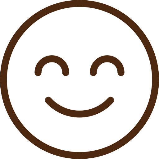 A simple, brown outline drawing of a smiling face emoji with closed eyes.