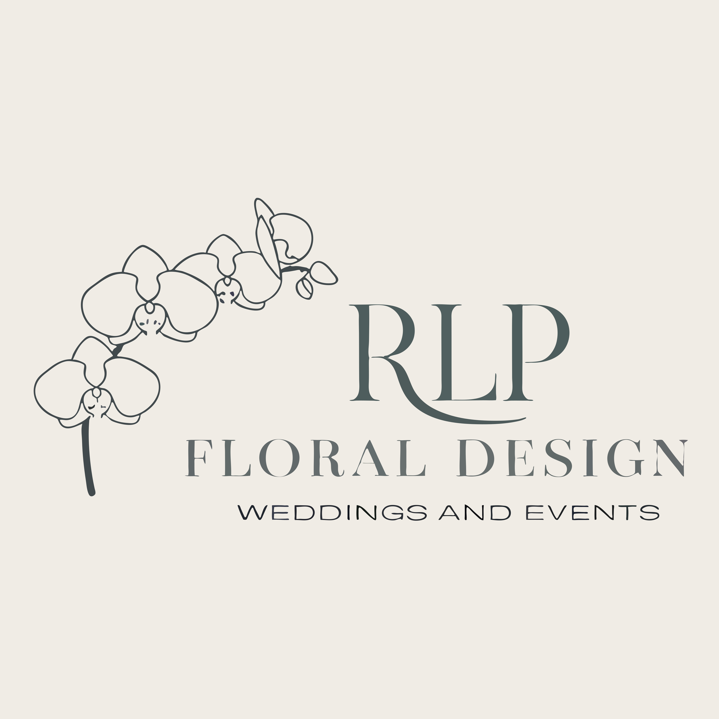 Logo for RLP Floral Design featuring a line drawing of an orchid branch and the text 'RLP Floral Design Weddings and Events'.