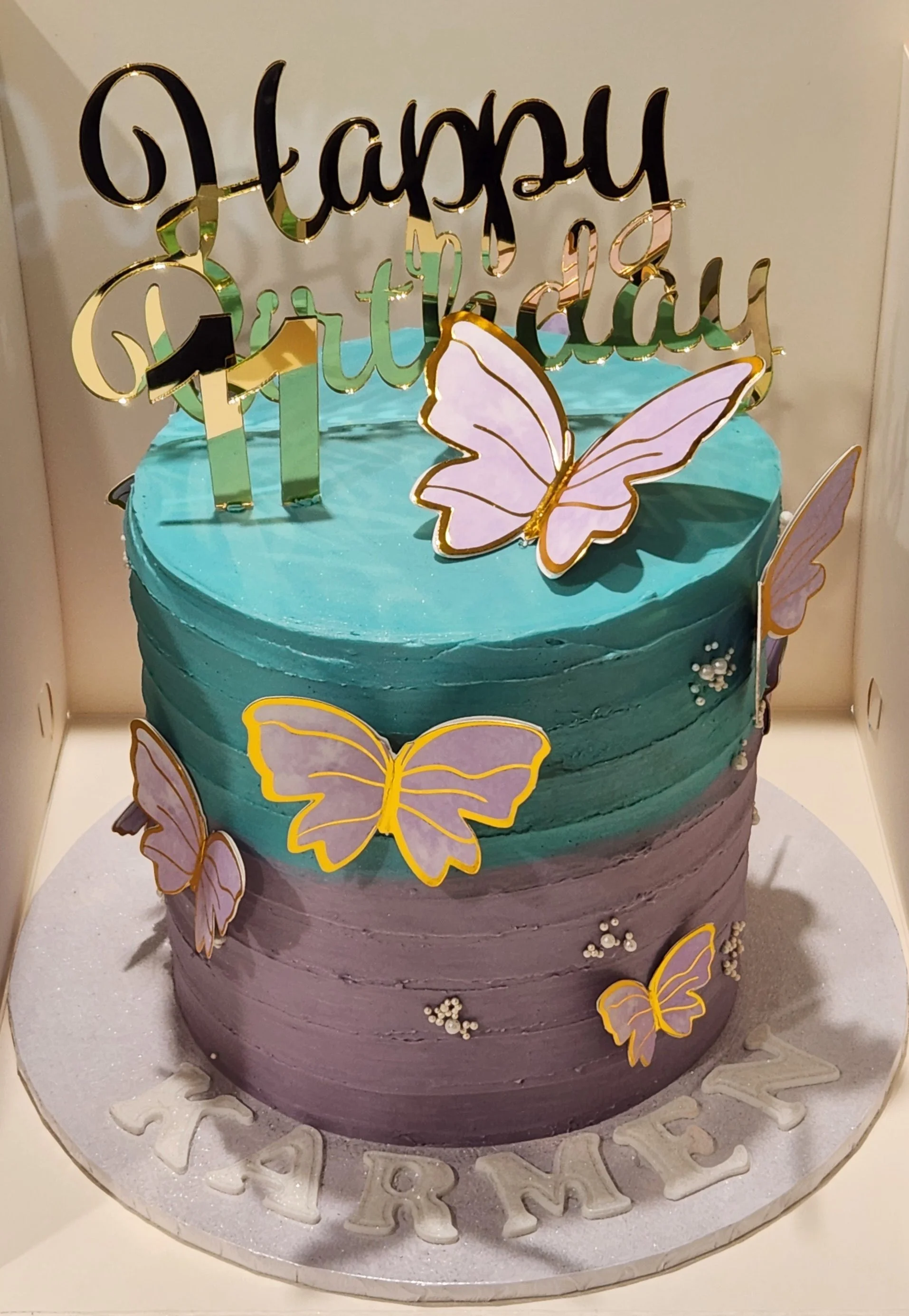 Dubai Chocolate filling, Teal and Purple Cake with Butterfly