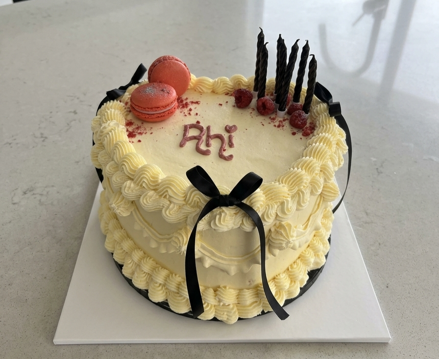 A heart-shaped birthday cake decorated with cream, black ribbons, macarons, and berries, with five black candles on top and 'Ahi' written in pink icing.