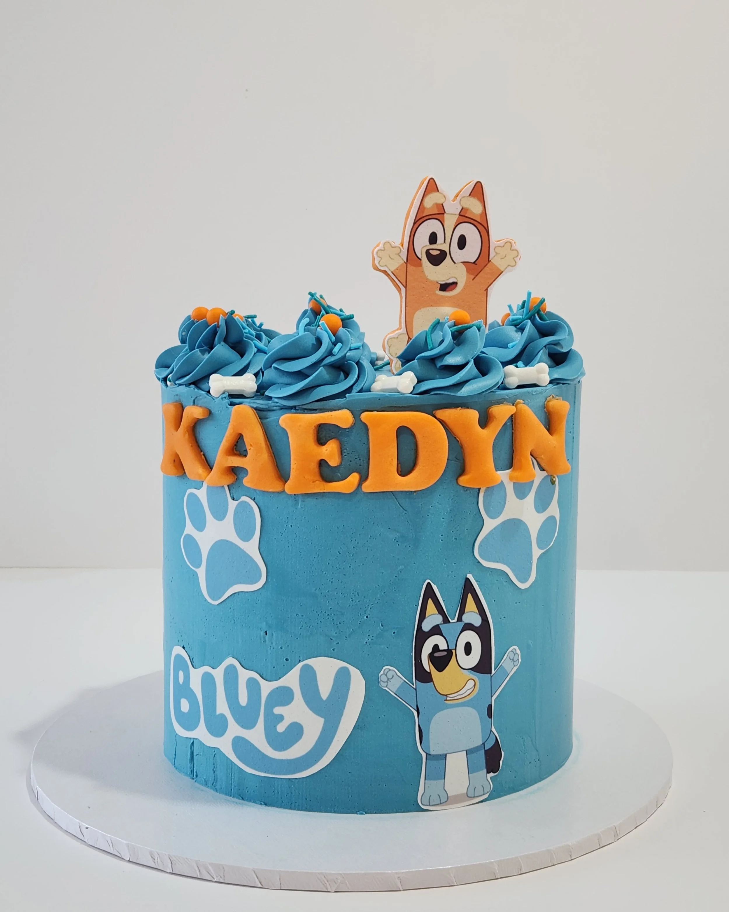 A blue birthday cake decorated with blue frosting, orange and white bones, and a standing cartoon bluey cutout on top.