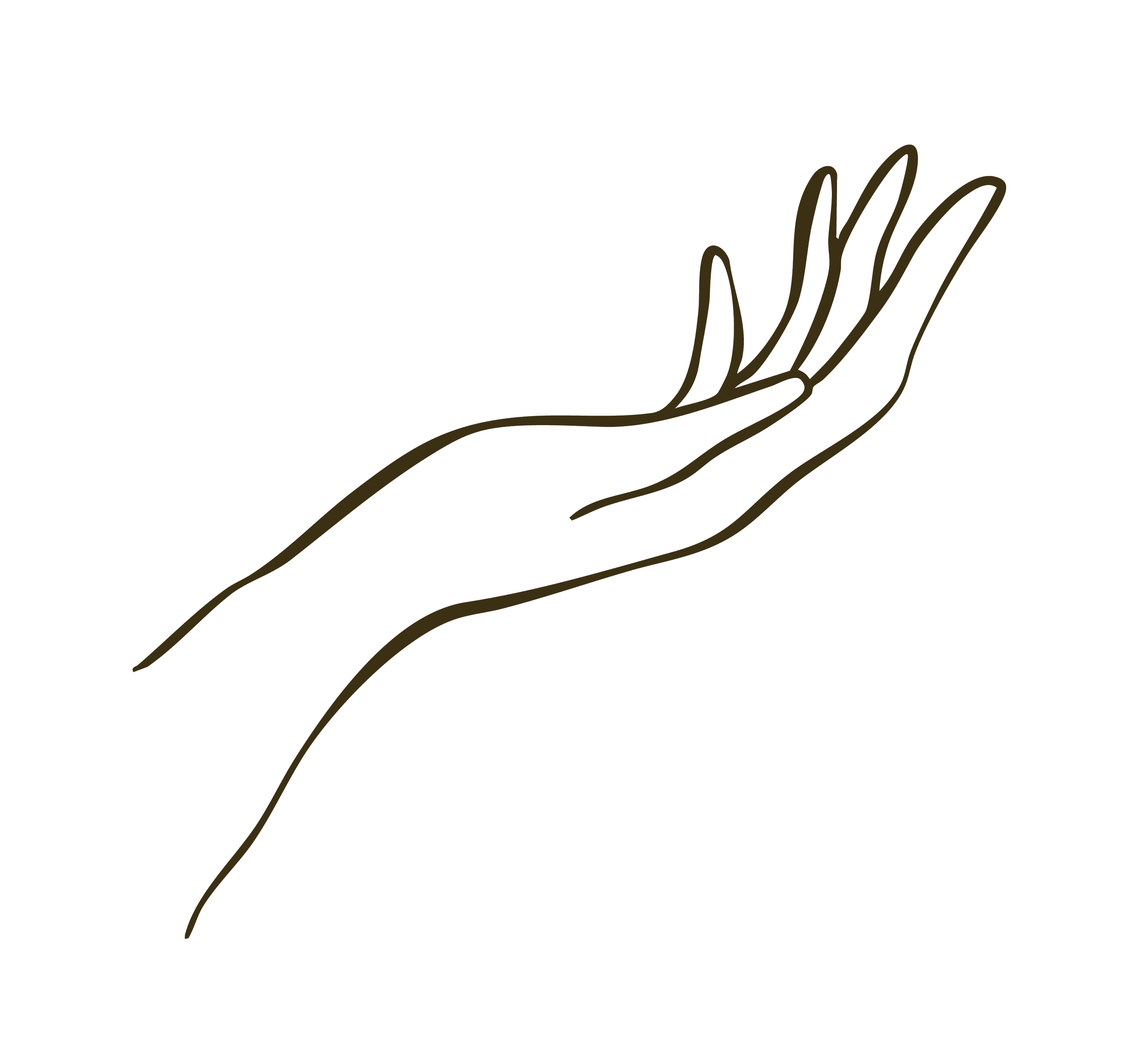 Outline of a human hand with fingers extended upward, drawn with a single continuous brown line on a black background.