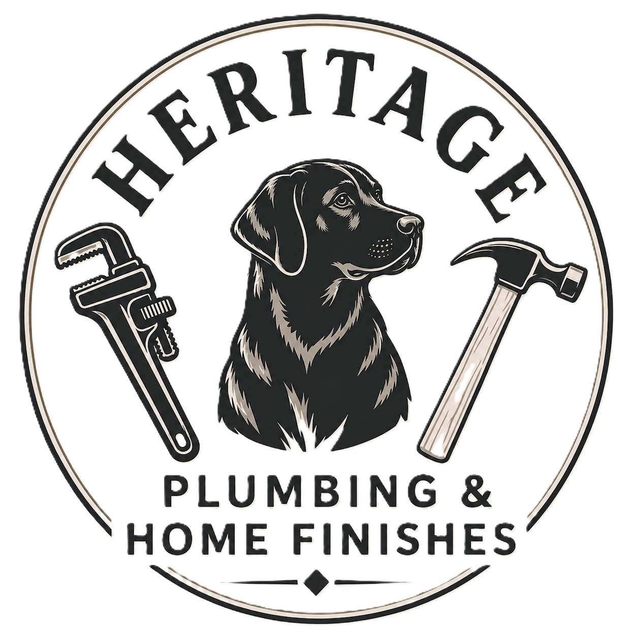 A circular logo for Heritage Plumbing & Home Finishes featuring a black dog in the center holding a pipe wrench on the left and a hammer on the right, with the company name and service description.
