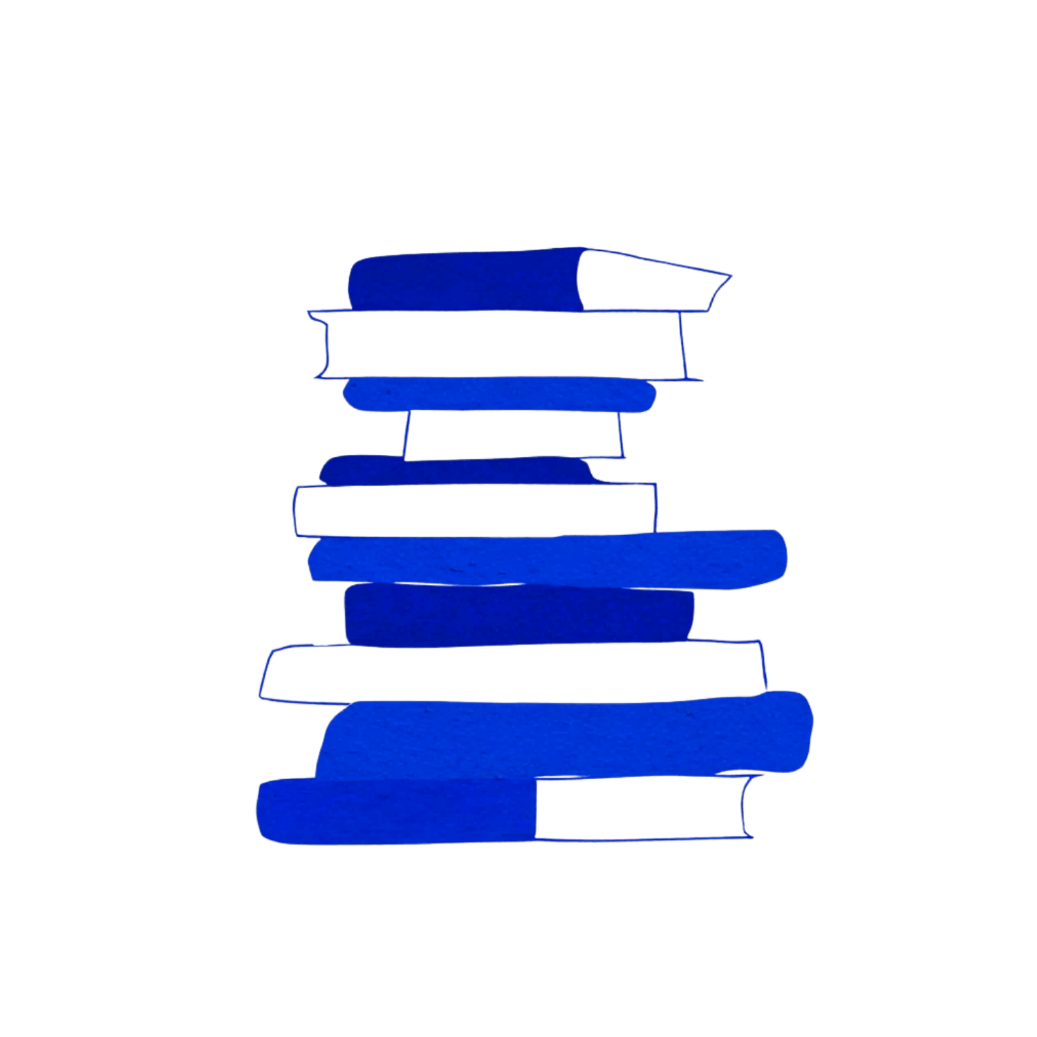 Outline of a stack of books in blue against a black background.