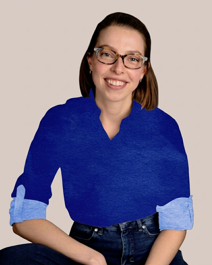 Collage style image. The face is of the psychologist and Gestalt therapist Kim Vassallo. She is smiling, looking at the camera, wears glasses and has a brown bob. The collage had a stylised navy blue shirt with cuffs.