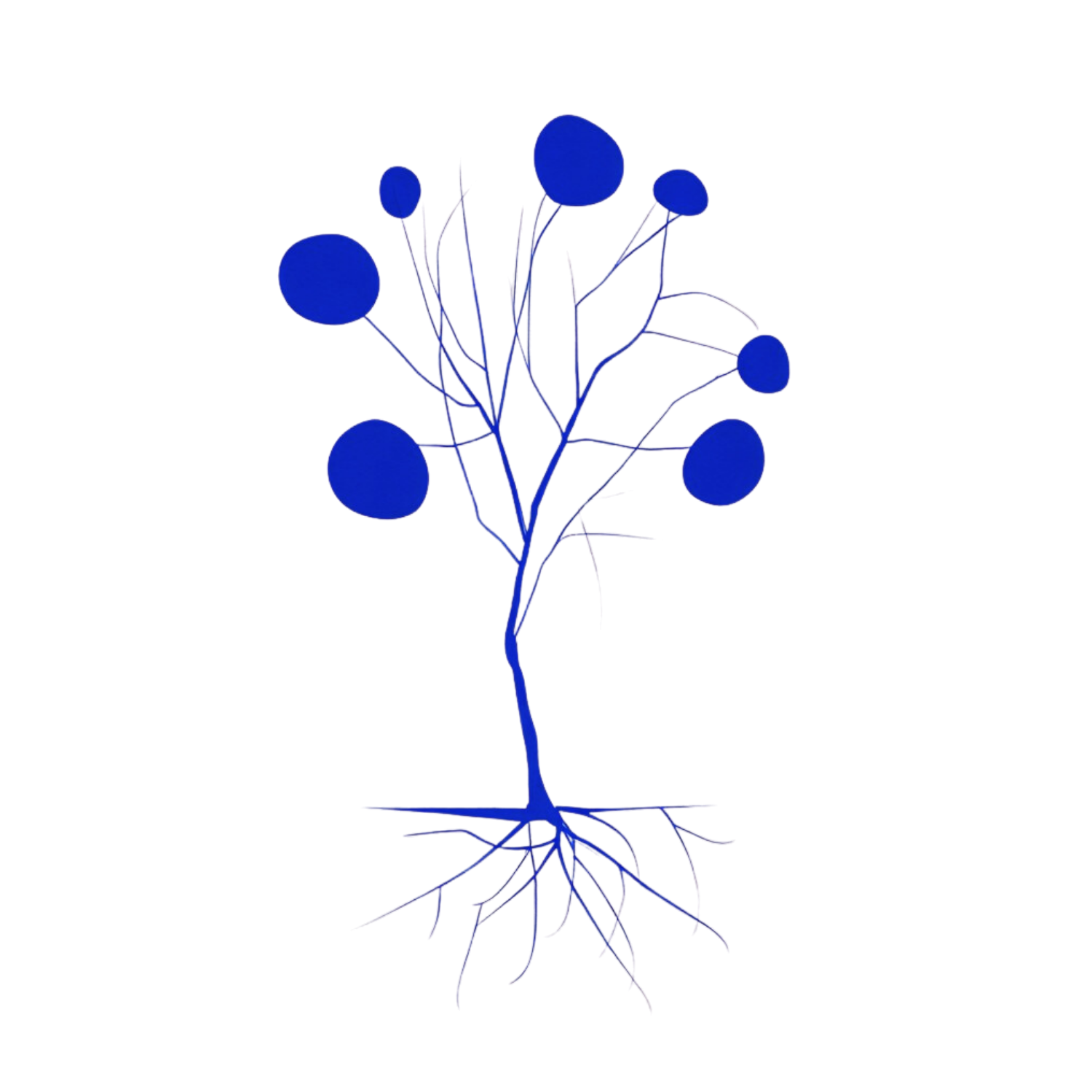 A digital illustration of a tree with a blue trunk, branches, and round leaves, set against a black background.
