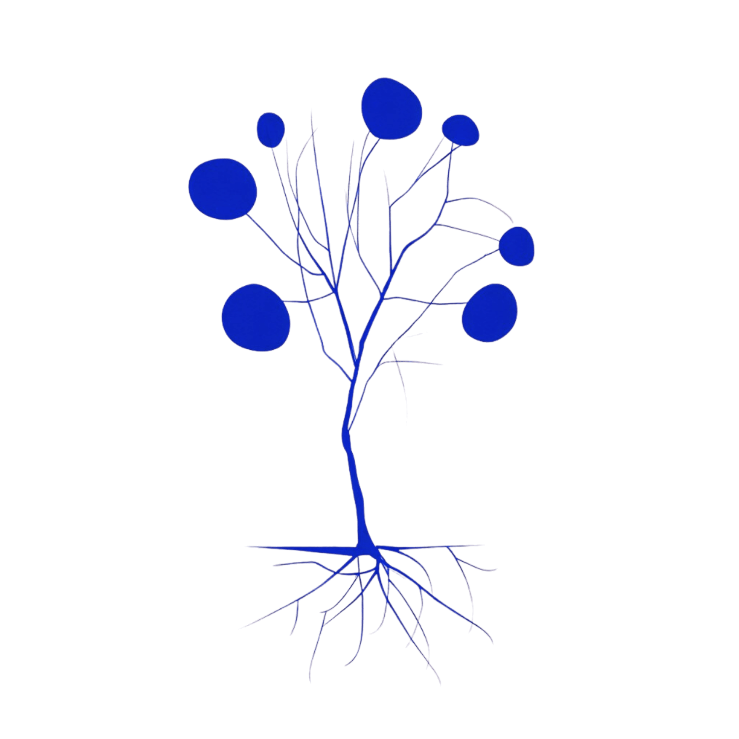 A digital illustration of a stylized tree with a thin trunk, branches, and circular leaves, all in shades of blue, against a black background.