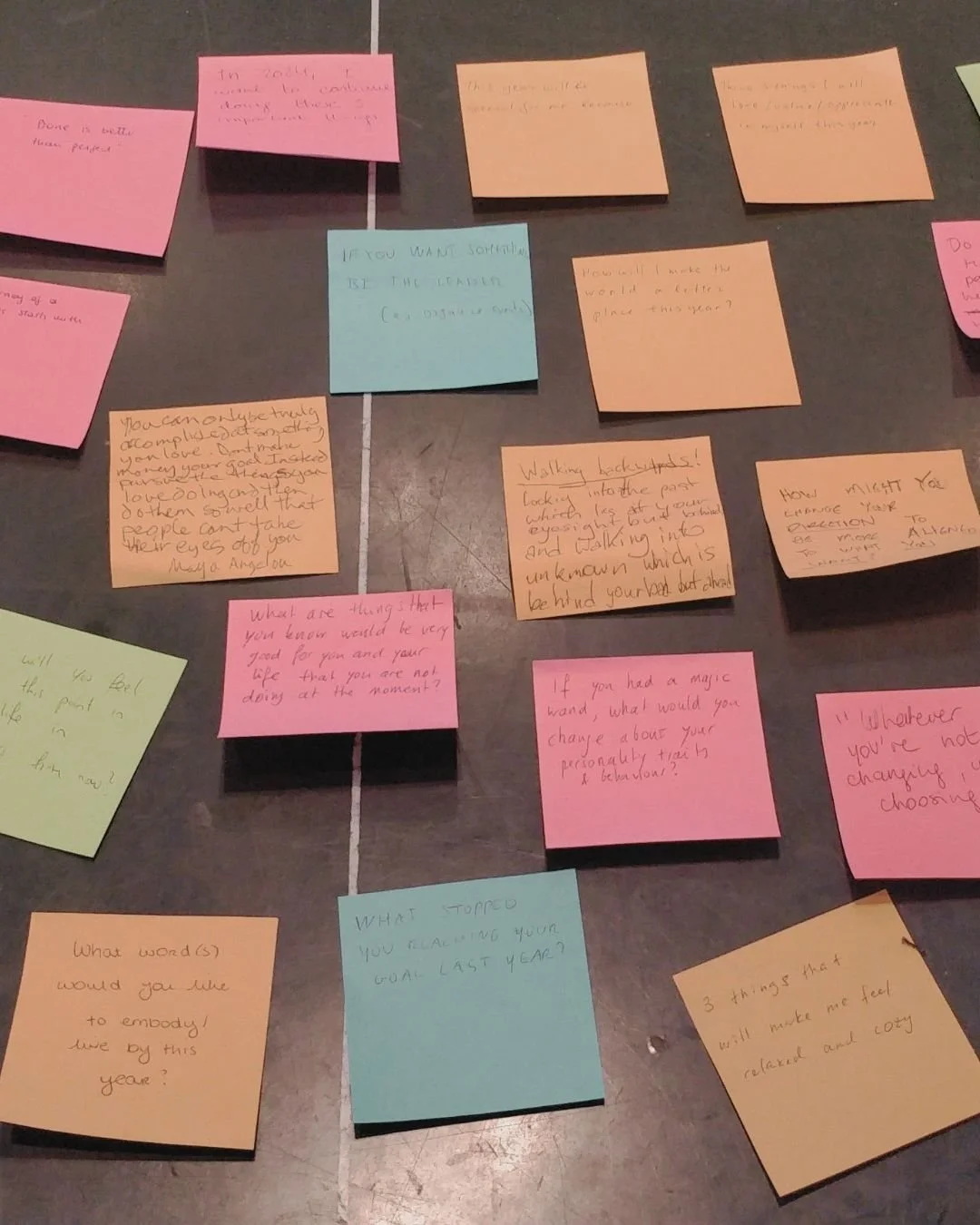 Black surface with post its in different colours, each has writing on them.