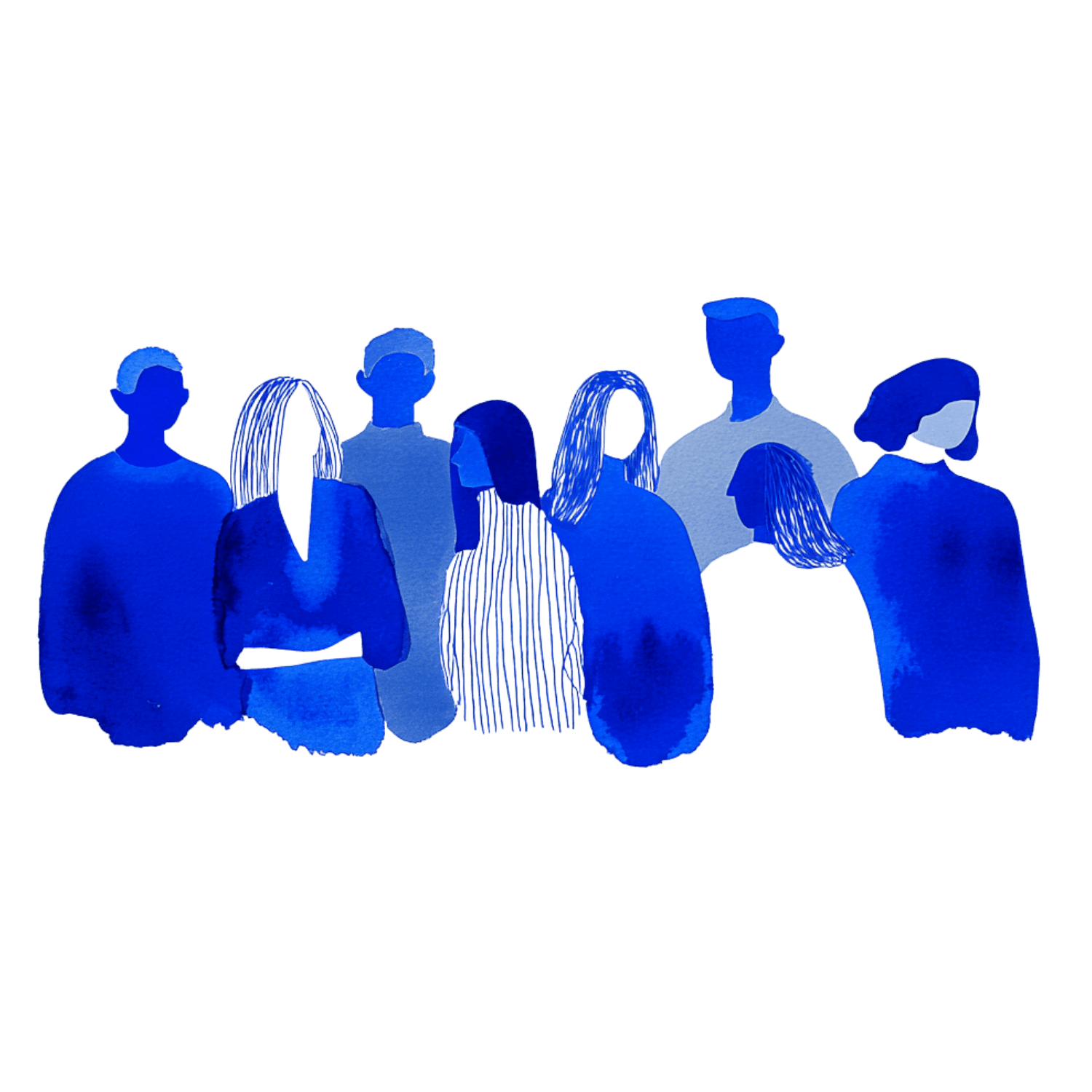 Illustration of seven diverse people standing together, rendered in shades of blue and white.