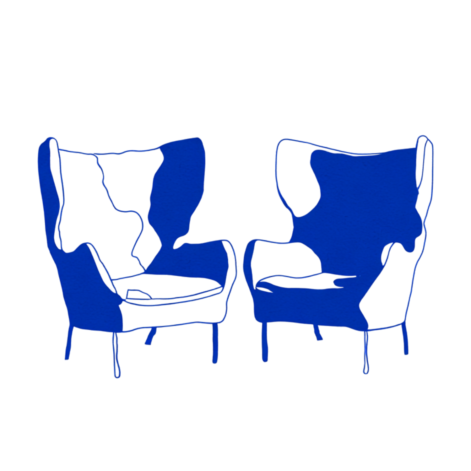 Two blue chairs with a textured pattern on the fabric, illustrated with bold outlines, positioned side by side against a black background.