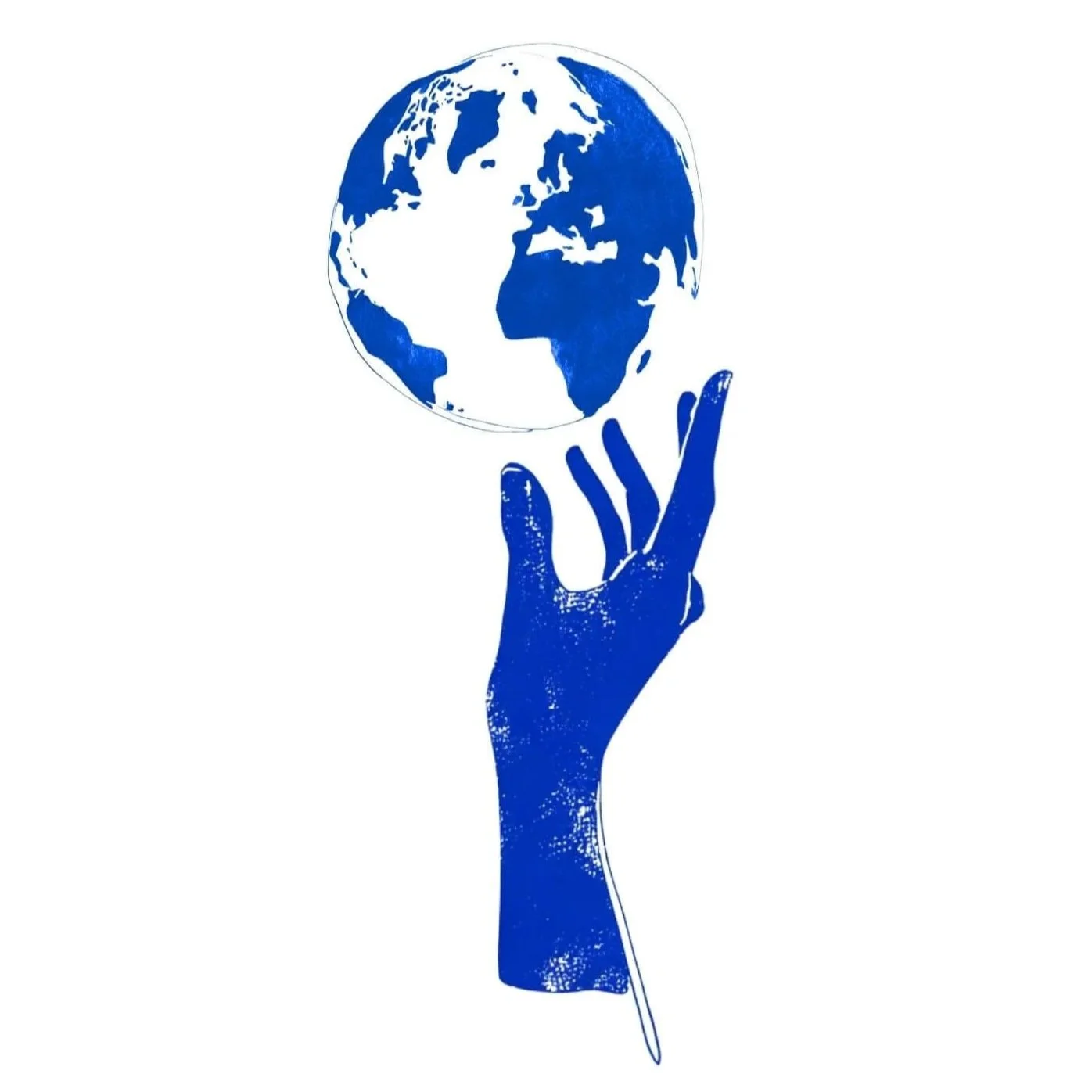 A stylized blue drawing of a hand holding a globe showing continents.