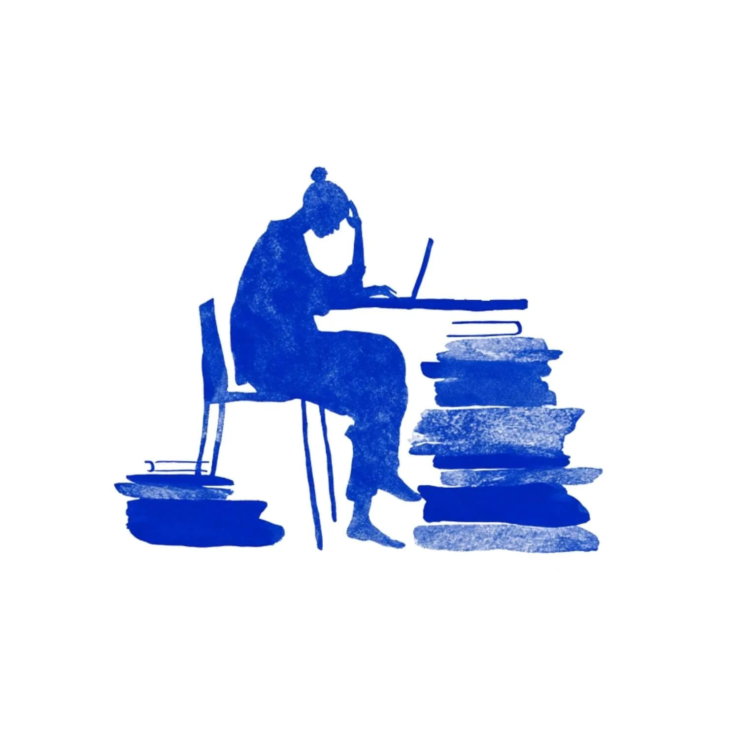Blue silhouette of a woman sitting at a desk with a laptop, surrounded by tall stacks of books.