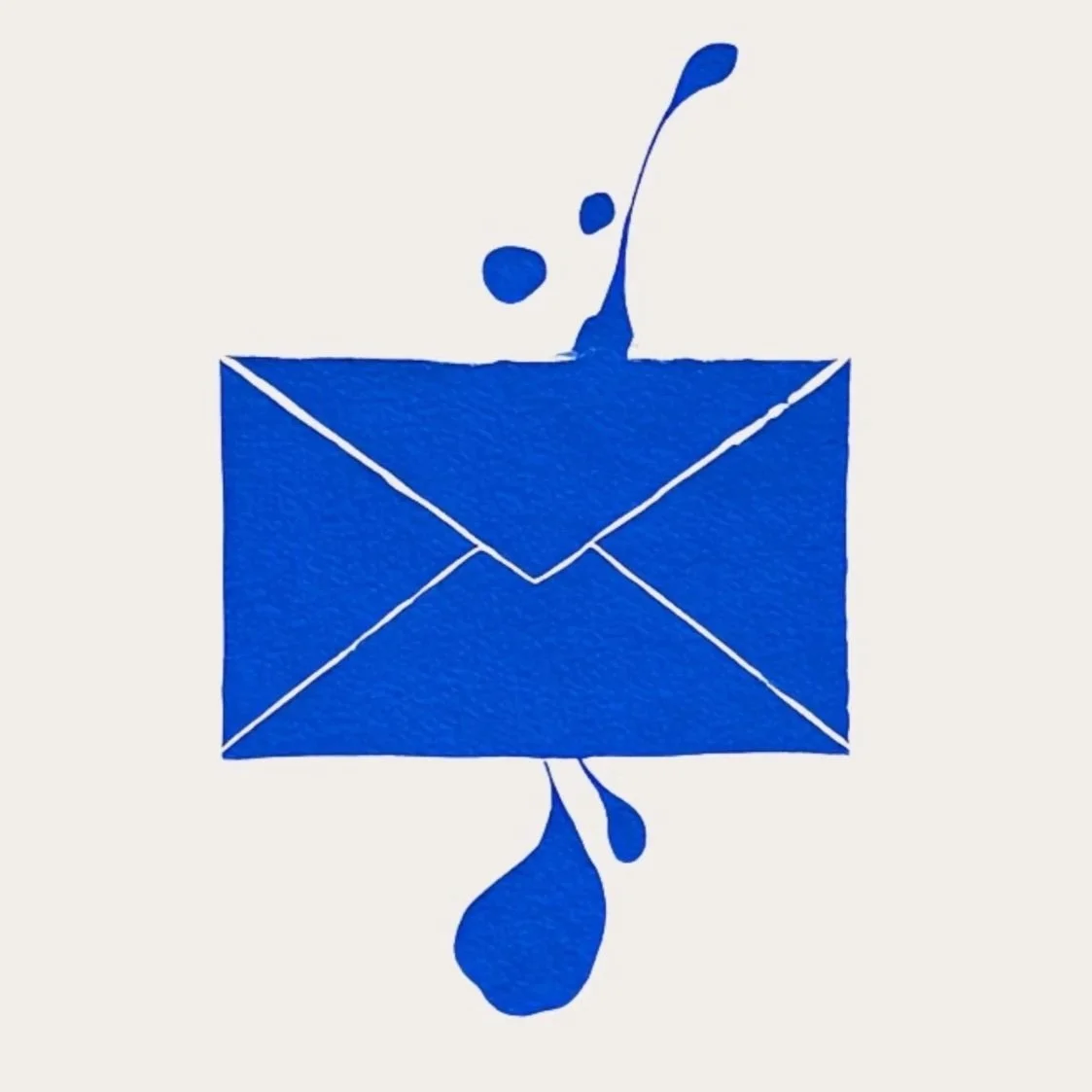 Stylised, navy blue design of an envelope with some ink stains coming out of the top and bottom