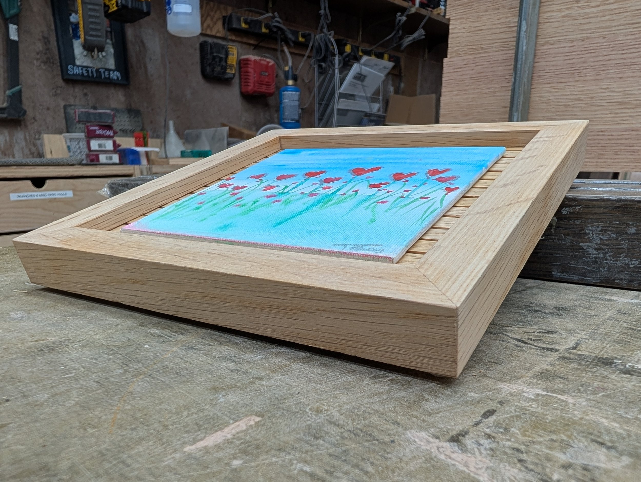 Small Handmade Wood Picture Frame | Custom Made Wood Frame | Tiny Artwork Frame | Natural Wooden Painting Frame

Slim wood frame with slatted backer panel to show off painting. 