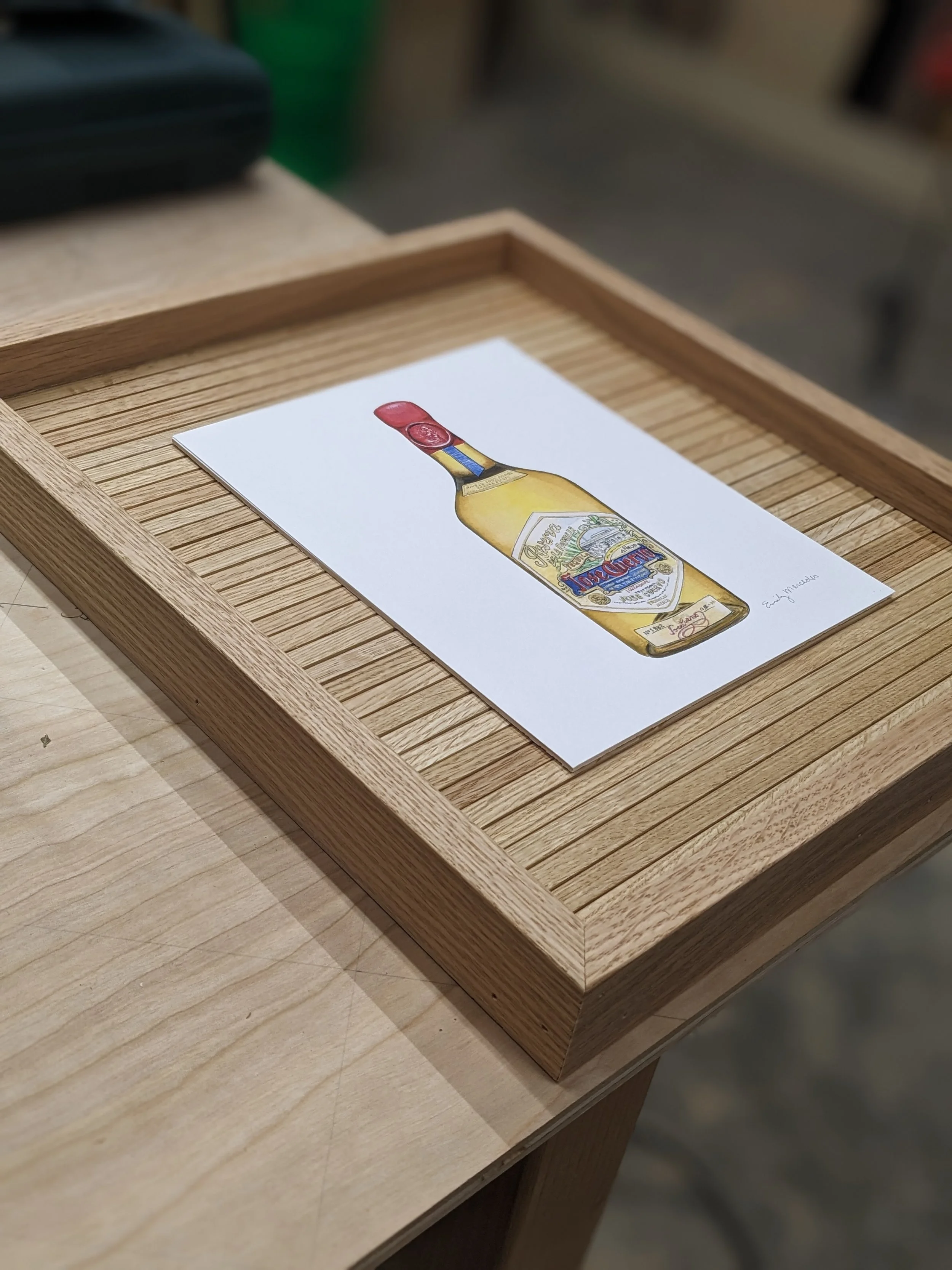 Large Handmade Oak Picture Frame | Custom Made Wood Frame | Natural Artwork Frame

Wood slat art backer to show off tequila bottle painting. 