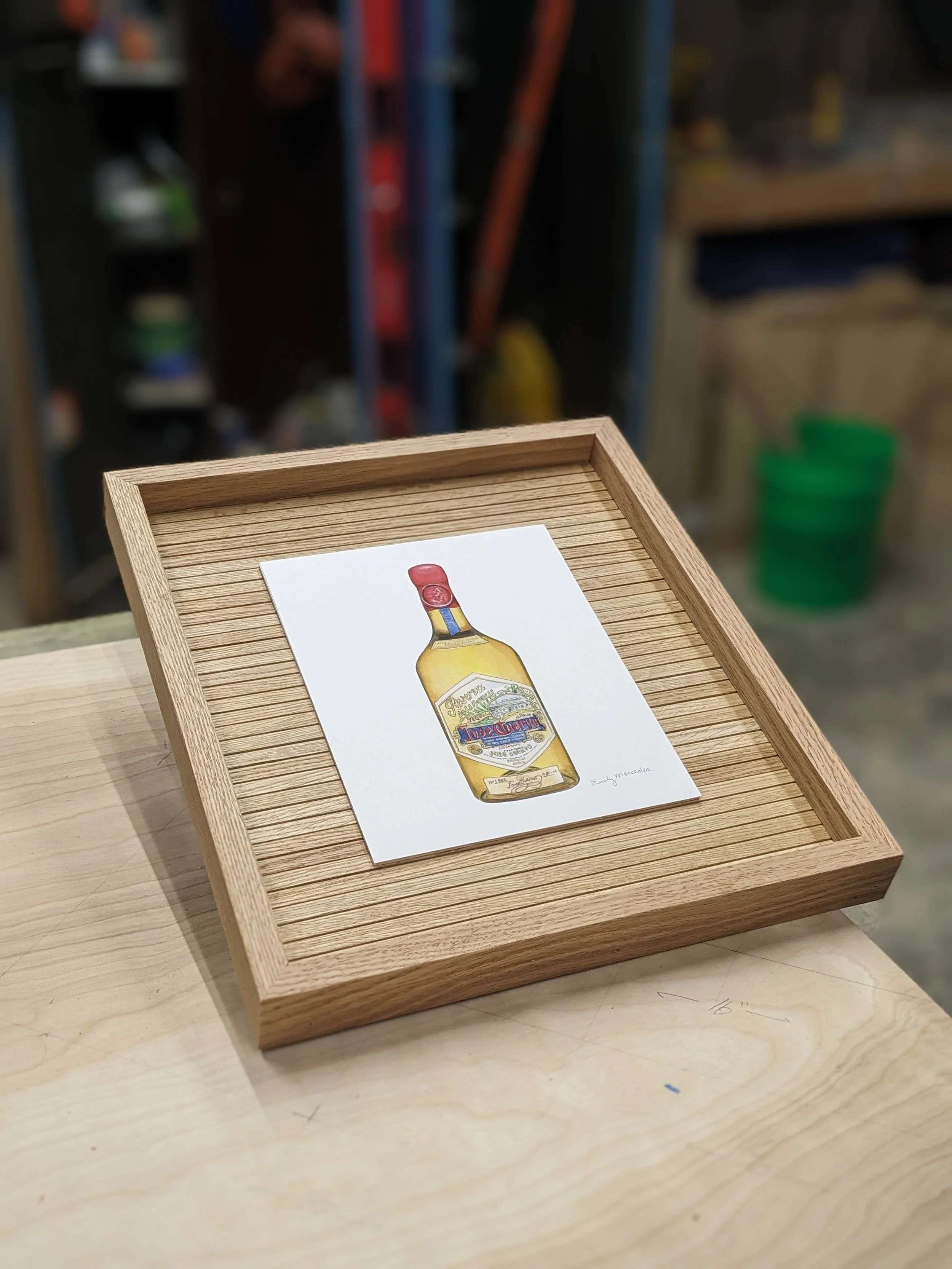 Large Handmade Oak Picture Frame | Custom Made Wood Frame | Natural Artwork Frame

Wood slat art backer to show off tequila bottle painting. 